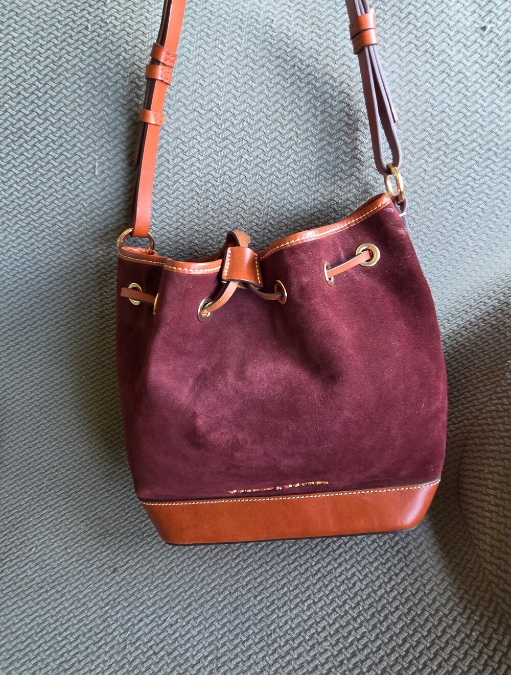 Dooney & Bourke Burgundy Suede Drawstring Shoulder Bag with Tan Trim